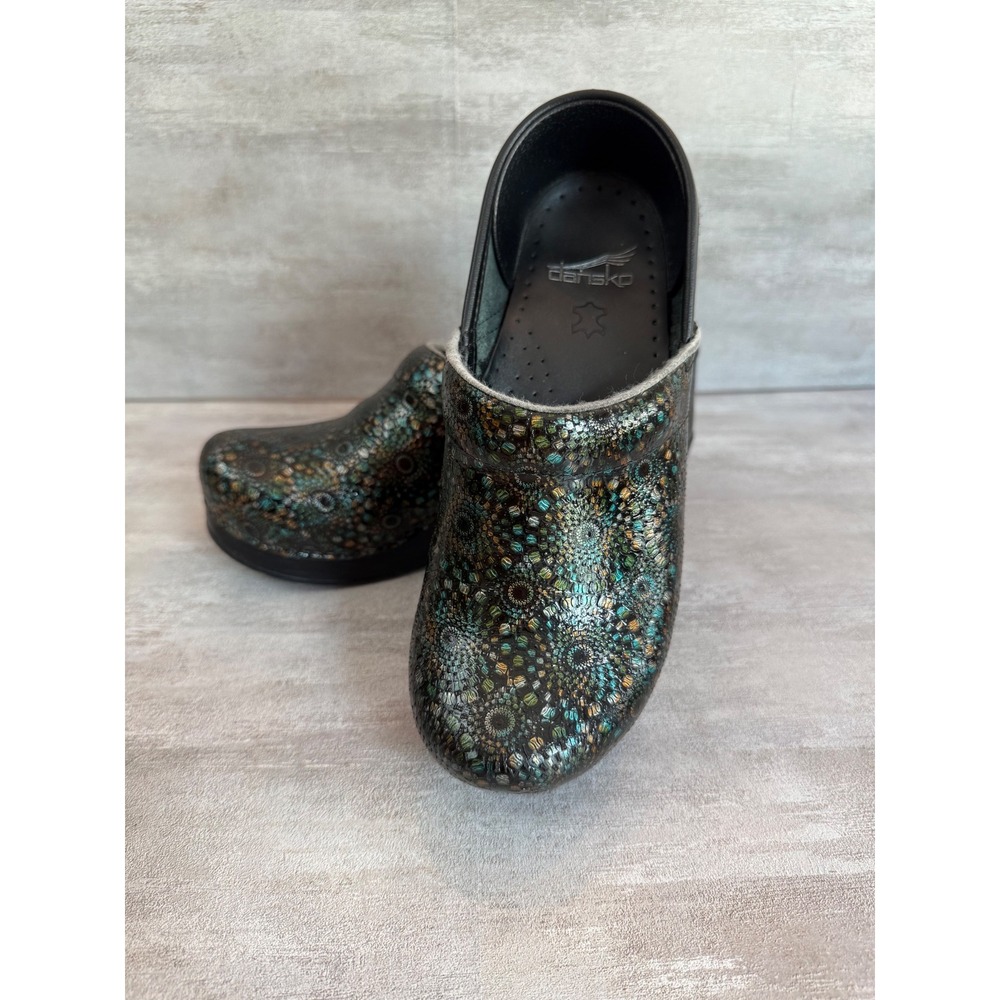 Dansko Women's Clogs Size 37 Black Leather Comfort Shoes‎ Floral Pattern